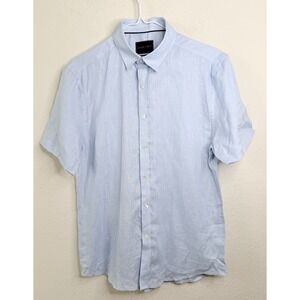 Stitch Note 100% European Linen Button Up Shirt Short Sleeve Blue Coastal Mens S